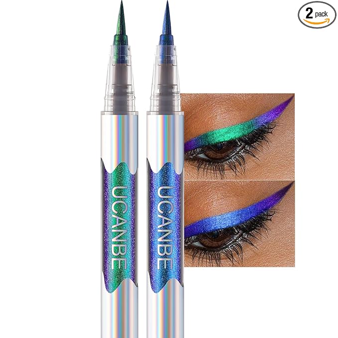UCANBE Chameleon Liquid Eyeliner - Green Blue Duo, Multi-Chrome Metallic Shift Eyeliner, Waterproof Glitter Eyeliner with Soft Fine Tip for Multi-Dimensional Eye Looks