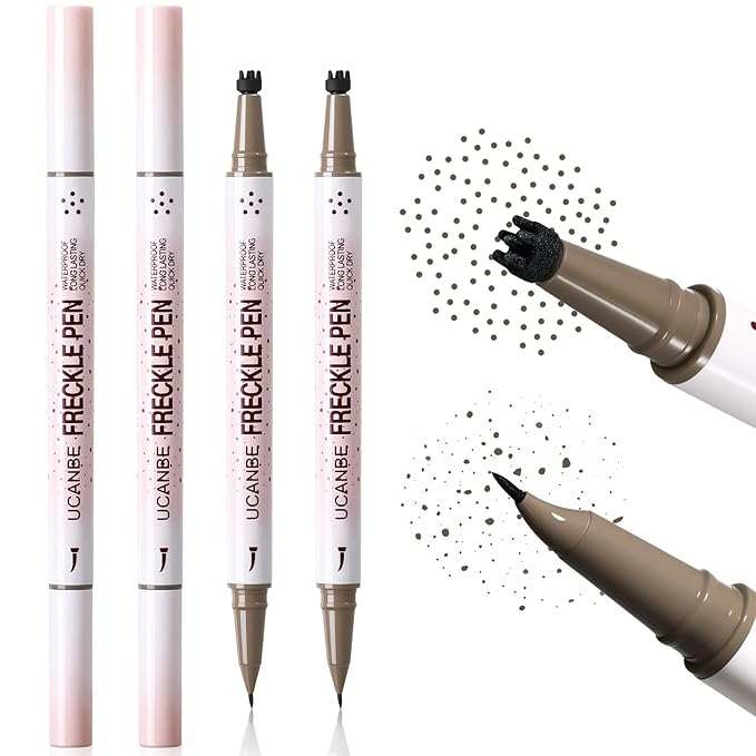 UCANBE 2PCS Dual-Ended Freckle Pen & Freckle Stamp - Precise 15° Curved Tip Makeup Waterproof & Smudge Proof, Long Lasting Faux Freckles Pencils (04 Dark Brown)