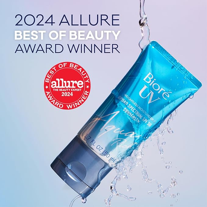 Biore UV Aqua Rich SPF 50 Moisturizing Sunscreen for Face, Oxybenzone & Octinoxate Free, Dermatologist Tested, Vegan, Cruelty Free, For Sensitive Skin, 1.7 Oz, Pack of 3,White