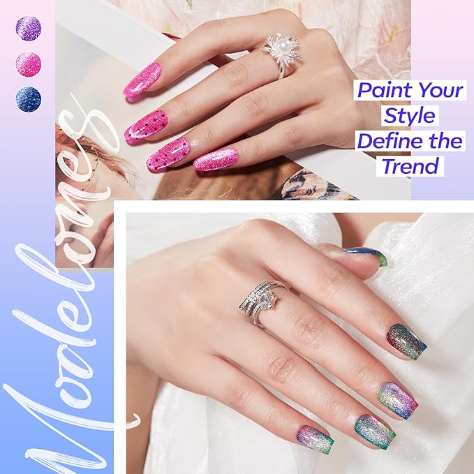 modelones Cat Eye Gel Nail Polish, 6 Colors Glitter Summer Red Pink Purple Green Blue Gel Polish Set with Magnet Sparkle Nail Gel Polish Kit Soak Off Led Nail Art Manicure Salon DIY Gifts