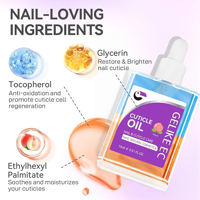 gelike ec Nail Cuticle Oil - Peach Scent Dual Color Nail Moisturizing With Natural Jojoba Vitamin B & E for Nail Bed ＆ Damaged Nails Repair Treatment - Cuticle Cream for Nail Growth and Strength