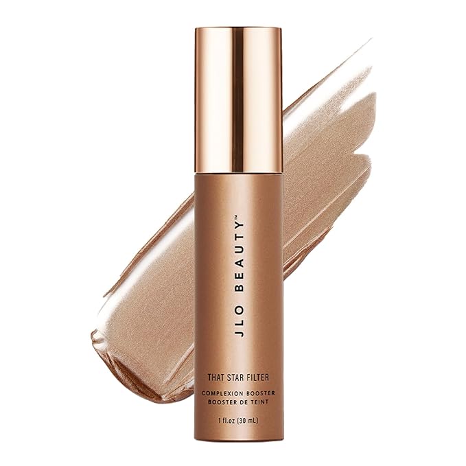 JLO BEAUTY Makeup Highlighter & Bronzer for Face & Body, Liquid Complexion Booster, Illuminating Primer Glow Drops with Vitamin E, Sheer Dewy Skin Tint, That Star Filter, Rose Gold, 1 Fl Oz