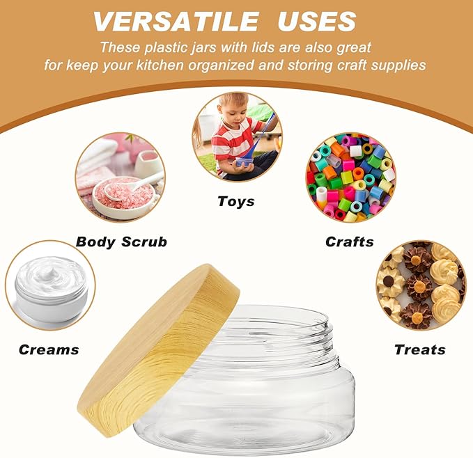 Tessco for you 24 Pack Plastic Jars with Lids Labels Multiuse Slime Containers Empty Body Scrub Jars Round Refillable Cosmetic Body Butter Container for Makeup (5 oz,Clear,Light Beech)