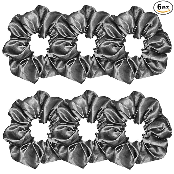 Sufermoe 6 Pcs Satin Silk Hair Scrunchies, Dark Grey (4.5 Inch) - Hair Ties for Women and Girls, Hair Accessories