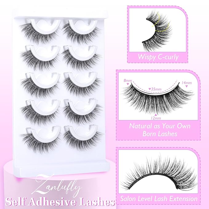 Natural Self Adhesive Eyelashes Wispy Self Adhesive Lashes 3D No Glue Lashes Reusable Cat Eye Lash Faux Mink Eyelashes 5 Pairs by ZANLUFLY