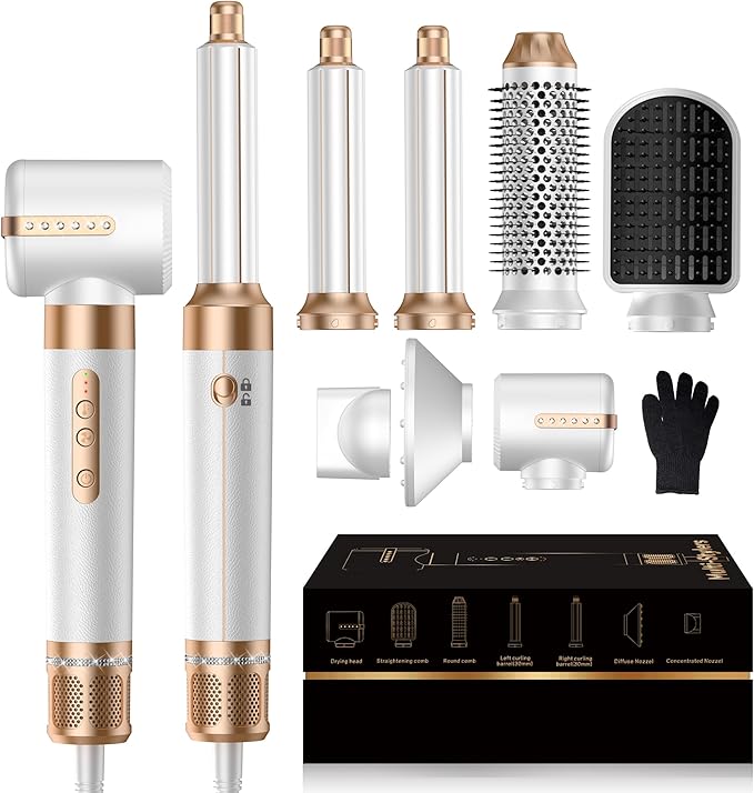 7 in ONE Hair Dryer Brush, Powerful Blow Dryer Brush with Air Curler for Hair, Brush Blow Dryer with Diffuser, Ionic Hot Air Brush Fast Dry, Volumize, Curls, Straight, Hair Styling Tools 100-120V