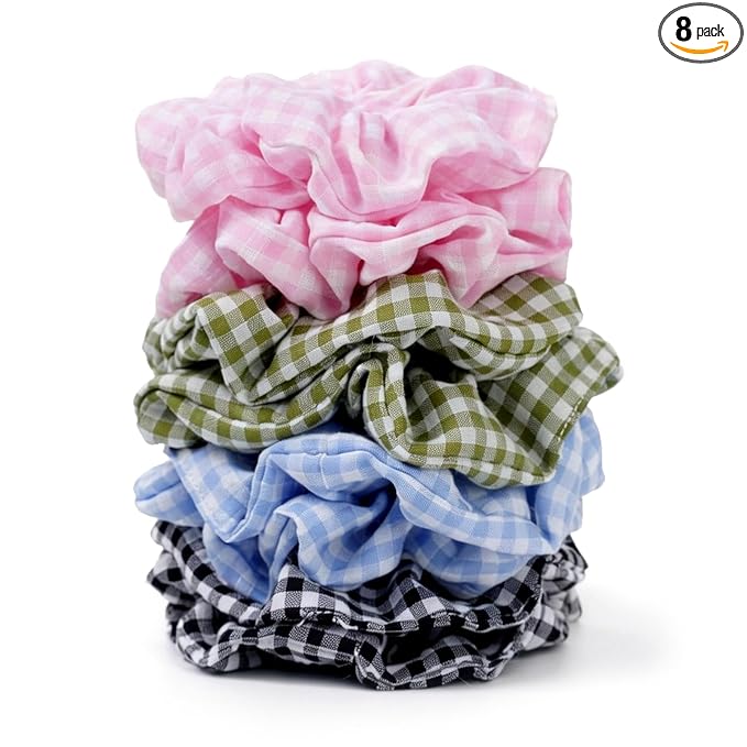 Satin Scrunchies for Women – 8PCS Plaid Mix (Light Blue, Black & White, Pink, Dark Green) Silk Hair Ties – No Crease, Frizz-Free, Retro & Chic Hair Bands for Thick & Thin Hair, Trendy Hair Accessories