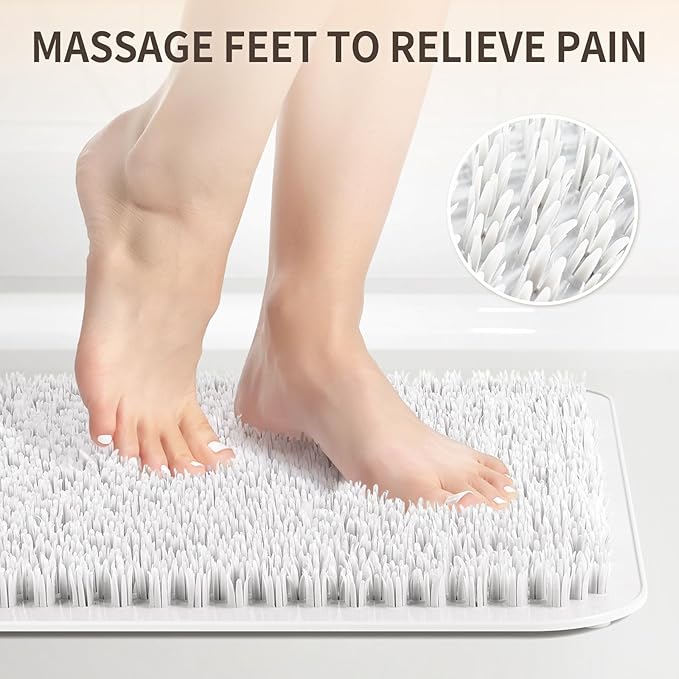 Yolife Shower Foot Scrubber Mat, Anti-Slip Bath Mat with Scrub Bristles, Soft Shower Foot Massager with Strong Suction Cups for Soothe Achy Feet (White, 25.6" x 13.4")