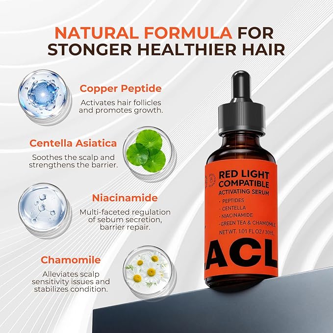 Copper Peptide Hair Growth Serum for Red Light Therapy Cap, Lightweight Scalp Serum for Thinning Hair, Supports Fuller & Stronger Looking Hair, Non-Greasy Formula for Women & Men, 30ML