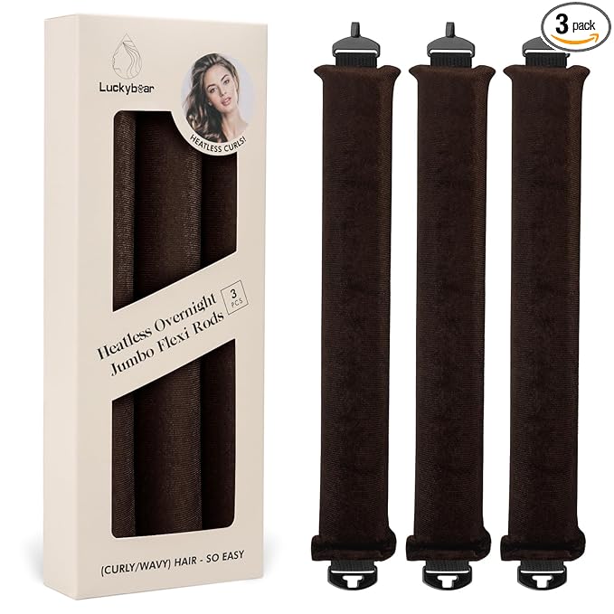 Luckybear Overnight Heatless Hair Curler Jumbo, 3pcs Satin Flexi Rods for All Hair Types, Heatless Overnight Curls Styling Tools, Soft Velvet Satin Brown