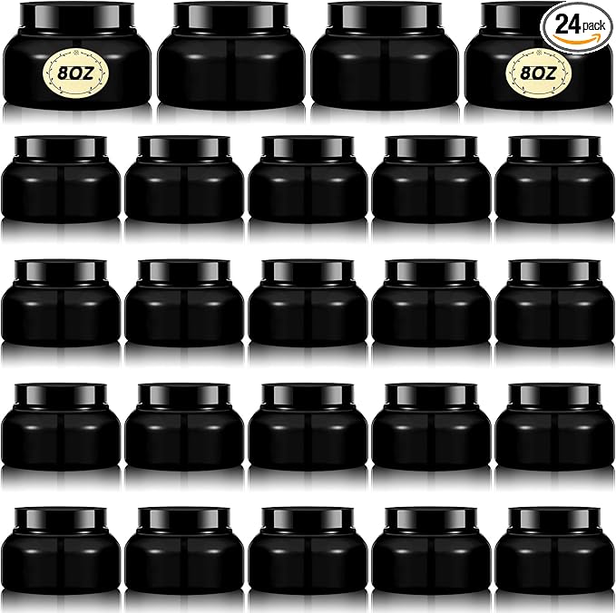 Tessco for you 24 Pack Plastic Jars with Lids Labels Multiuse Slime Containers Empty Body Scrub Jars Round Refillable Cosmetic Body Butter Container for Makeup (8 oz,Black)
