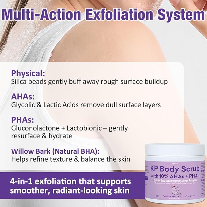 KP Body Scrub for Keratosis Pilaris | 10% AHA + PHA | Smooth Rough, Dry, Bumpy Skin | Exfoliating Body Scrub with Glycolic & Lactic acids | Gentle, Clean Formula | Sensitive Skin Safe, 16 oz, 453g