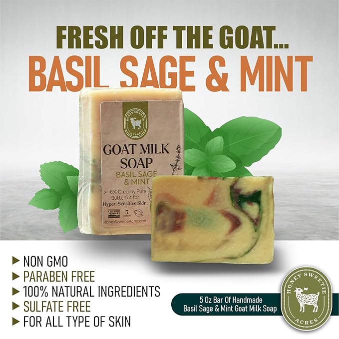 Honey Sweetie Acres 2-Pack Basil, Sage & Mint Goat Milk Soap - Handmade 5 oz Bar, Made with Natural Ingredients, Moisturizing & Gentle, Made in the USA