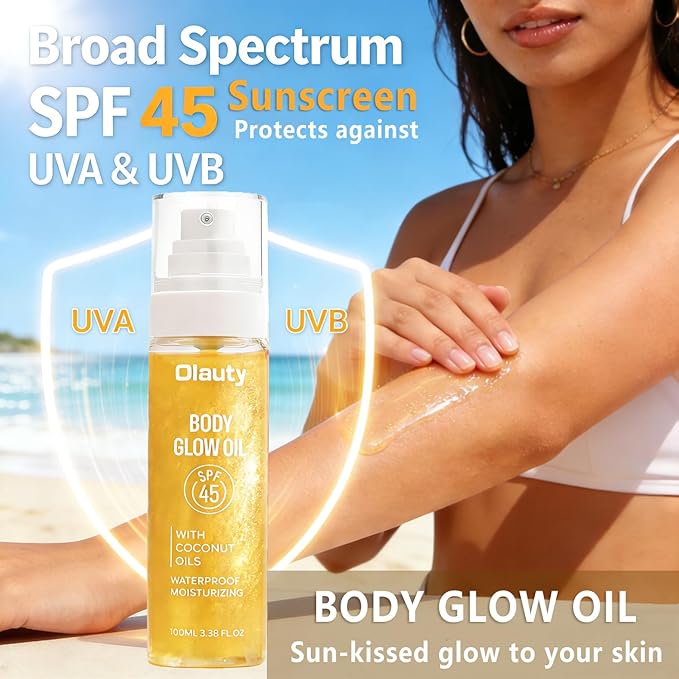 Sunscreen Body Glow Oil,Broad Spectrum SPF 45,Glitter Shimmer Body Oil with Gold Mica,Moisturizing Coconut Oils,Waterproof Non Sticky Sun-kissed Skin Moisturizer Beach Travel Essentials (#01 Gold)