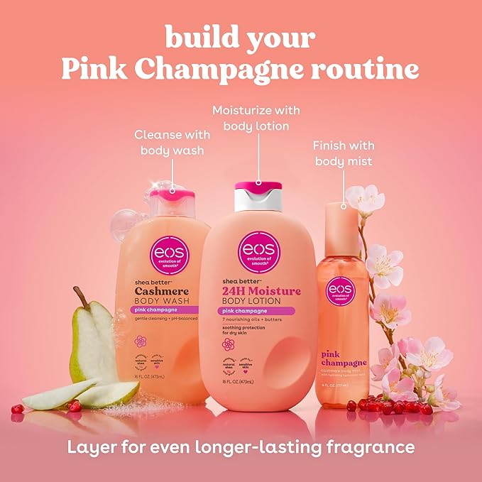 eos Pink Champagne Scent Layering Bundle - Body Wash, Body Mist, Body Lotion