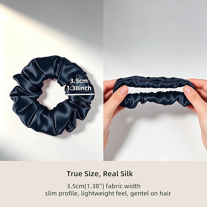 ZLYC 100% Mulberry Silk Scrunchie 19 Momme Gentle Creaseless Hair Tie for Women Dent-Free Ponytail Holder, 3.5cm Solid Navy