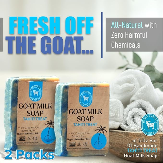 Honey Sweetie Acres 2-Pack Tahiti Treat Goat Milk Soap - Handmade 5 oz Bar, Made with Natural Ingredients, Moisturizing & Gentle, Made in the USA