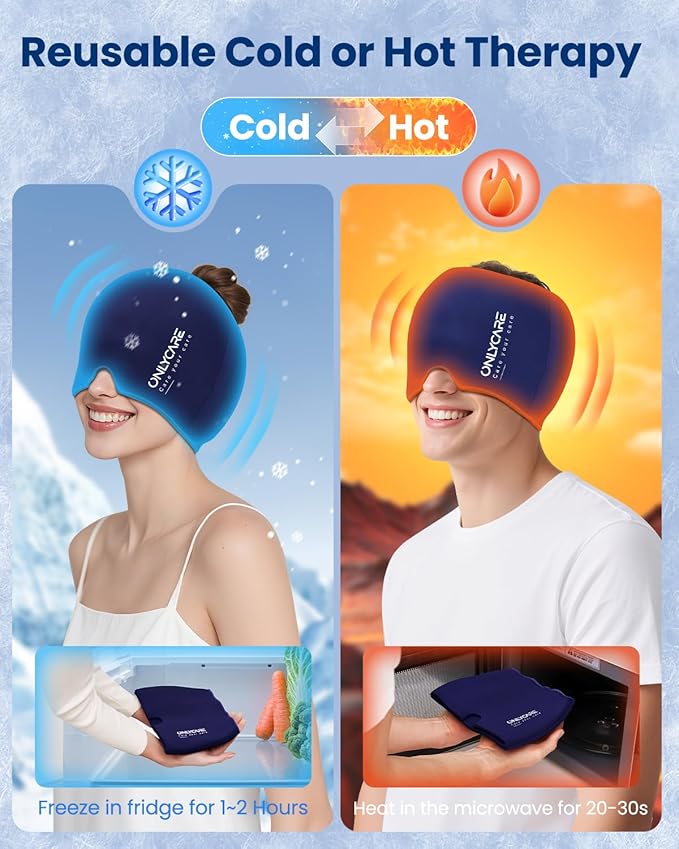 ONLYCARE Migraine Relief Cap, Upgraded Odorless Headache Relief Cap Mask Products, 360° Gel Surround Cooling Ice Pack Mask Head Wrap for Tension, Migraine, Sinus, Stress, Headaches, Hangover, Blue