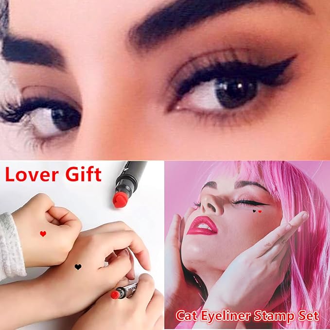 Go Ho 2 PCS Waterproof Liquid Eyeliner Stamps,Double-side Black&Red Smudge-proof Eye Liner,Heart Stamp Eyeliner for Halloween Costumes Makeup,Long-lasting Love Tattoo Tools