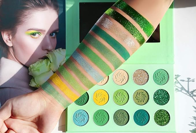 Afflano Green Eyeshadow Palette, Green Glitter Eyeshadow Highly Pigmented, Forest Emerald Christmas Makeup Palettes, Yellow Lime Grass Greenish Makeup Eye Shadow Pallet 15 Color