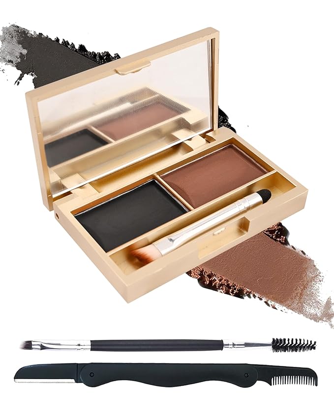Eyebrow Powder Kit- 2 Colors Soft Eye Brow Tinted Powder Palette,Waterproof Longlasting Dark Brown/Black Brow Filler,Professional Eyebrow Makeup for Older Women with Mirror Brow Brush & Razor-Set04
