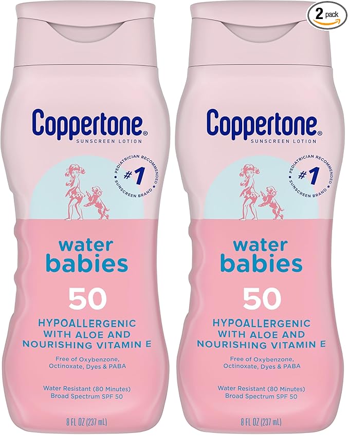 Coppertone WaterBabies Baby Sunscreen Lotion SPF 50, Hypoallergenic Sunscreen for Babies, Water Resistant, Pediatrician Recommended, 8 Fl Oz Bottle (Pack of 2)
