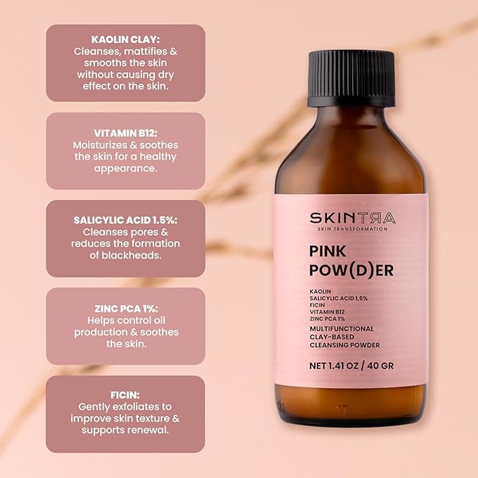 Pink Pow(d) er – Multi-Functional Enzyme Powder Cleanser with Salicylic-Acid, Rice Powder and Clay – 3-in-1 Face Wash, Exfoliator & Face Mask – Vegan, 40 g / 1.41 Fl. Oz