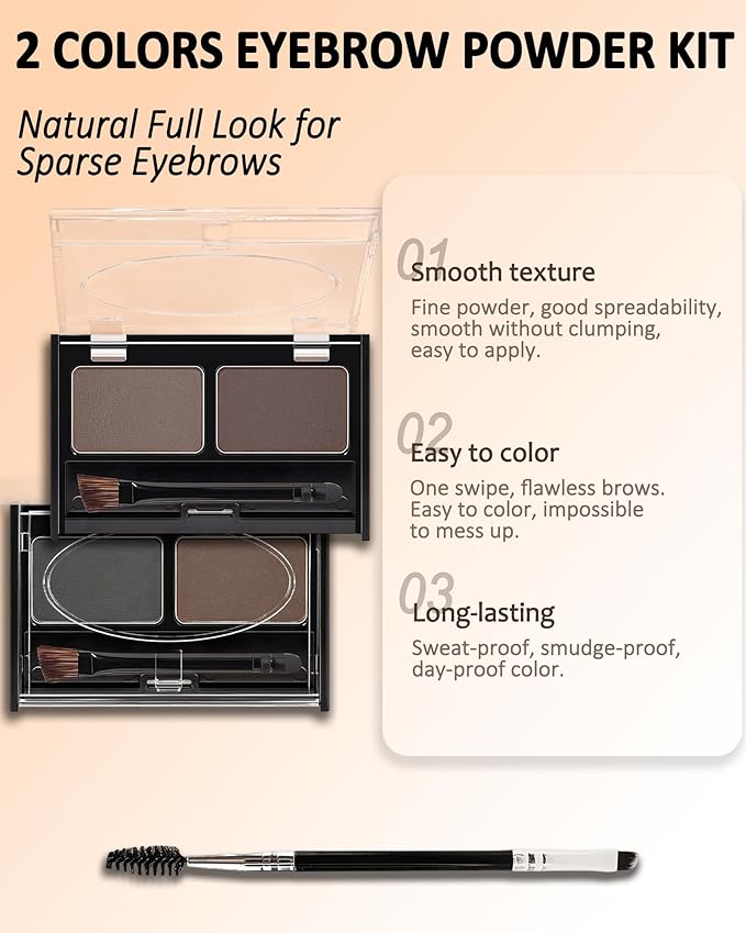 Eyebrow Powder Makeup Kit - Light Brown+Grey, 2 Color Eye Brow Powder Palette Waterproof Long-Lasting Brow Filler, Lightweight, Easy Blend, Natural Full Look with Brush, maquillaje para cejas-01