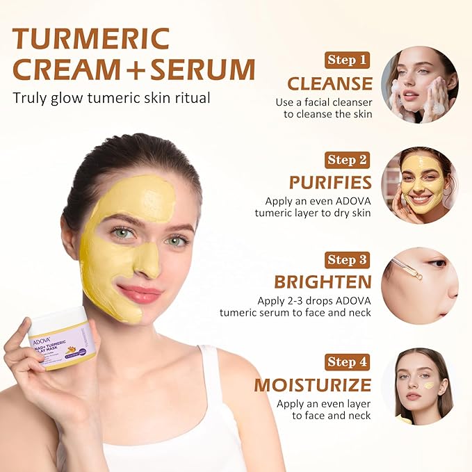 2-Pack All-Natural Turmeric Skin Cream & Nad+ Turmeric Clay Mask, Cleanses Skin, facial Repairand Moisturizing, Lighten Dark Spots, Evens Skin Tone & Anti-Aging