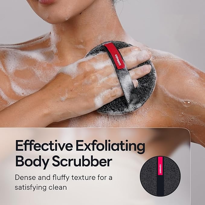 Caveem Round Exfoliating Body Scrubber, Shower Exfoliator Sponge, Body Scrub for Removing Dead Skin, Bath and Body Buffer, Round Exfoliating Sponge for Shower - 2 Pack (Dark Grey)