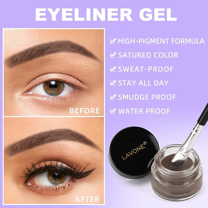 LAVONE Eyeliner Set - Waterproof Makeup Kit with Liquid Eye Liner Pencil, Gel Eyeliner and Angled Eye Liner Brush, Waterproof, Smudge Resistant, Long Lasting Formula - Light Brunette