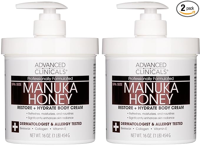 Advanced Clinicals Manuka Honey Body Cream For Women & Men | Body Butter Lotion For Extremely Dry Skin | Collagen Cream | Skincare Moisturizer Hydrating Balm Improves Look Of Aging Skin, 16Oz, 2-Pack
