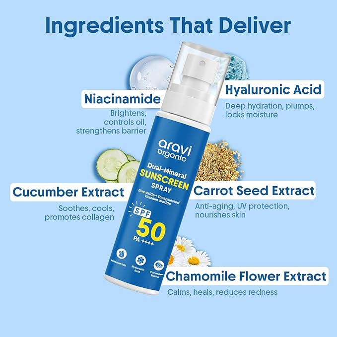 Aravi Organic Dual Mineral Sunscreen Spray SPF 50 | In-VivoTested | Broad Spectrum Protection | Fast Absorbing & Lightweight, Face and Body Sunscreen | Zinc Oxide & Titanium Dioxide - 3.38 FL Oz