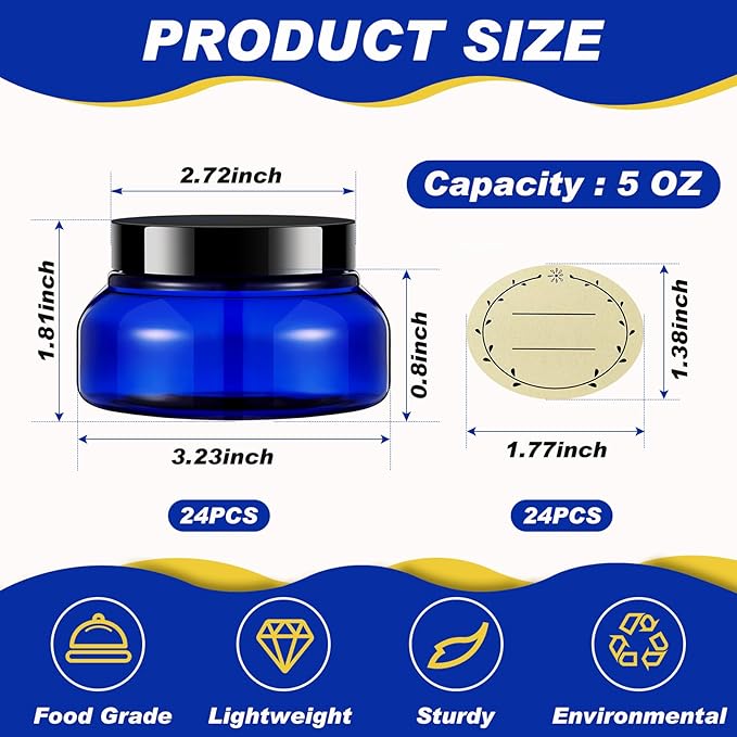Tessco for you 24 Pack Plastic Jars with Lids Labels Multiuse Slime Containers Empty Body Scrub Jars Round Refillable Cosmetic Body Butter Container for Makeup (5 oz,Blue,Black)