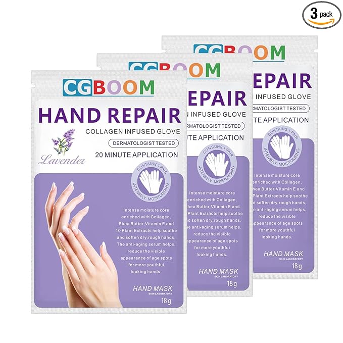 CGBOOM 3 Pairs Hand Masks Moisturizing Gloves, Hand Skin Repair Renew Mask Infused Collagen, Vitamins + Natural Plant Extracts for Dry, Aging, Cracked Hands (Lavender)