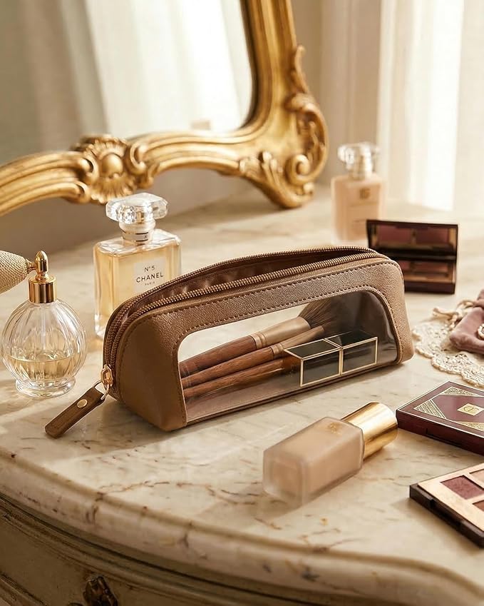 Clear Makeup Bag,PU Leather Mini Makeup Pouch Portable Makeup Brush Case Transparent Waterproof Cosmetic Organizer Pouch with Zipper for Women Home Travel Office Car Organizer and Storage(Slim, Brown)