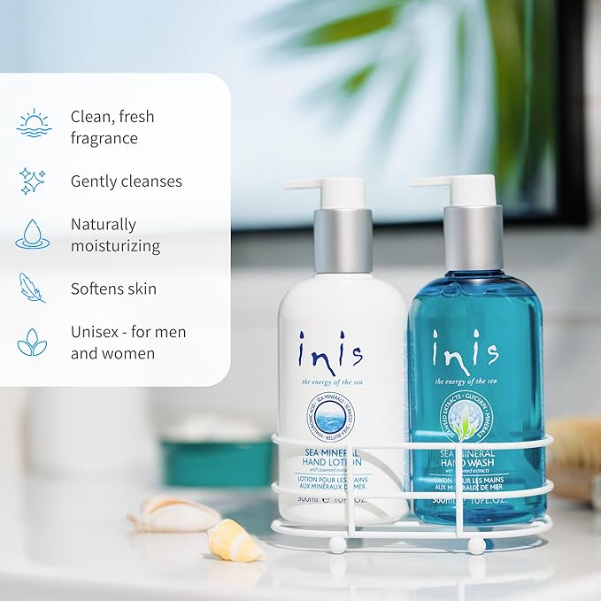 Inis the Energy of the Sea - Liquid Hand Wash and Hand Lotion Caddy Set, Sink Side Hand Soap and Moisturizer with Seaweed and Shea Butter, Clean Ocean Fresh Scent