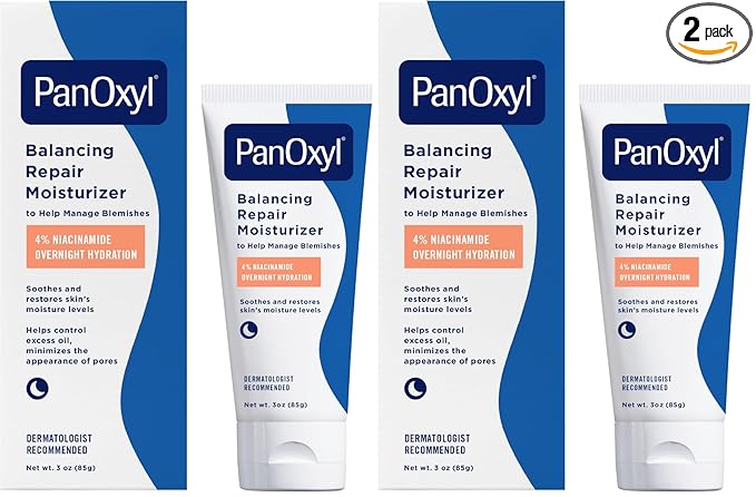 PanOxyl PM Balancing Repair Moisturizer with Niacinamide, Ceramides and Cica, Hydrating Face Moisturizer, Acne Prone Skin and Dry Skin, Non-Comedogenic Night Face Moisturizer, 3 oz (Pack of 2)