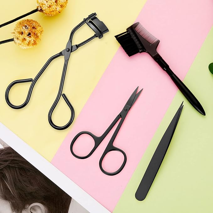 Mudder 48 Pcs Eyelash Curler Makeup Tools Set, Include Mini Eyelash Curler Kit, Eyebrow Extension Tweezers, Brush Comb and Scissors, Silicone Refill Pads, Black
