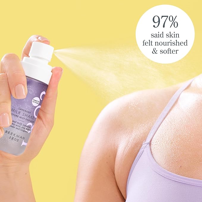 Beekman 1802 Milk Shake Hydrating Body Mist – Alcohol-Free Moisture with Goat Milk, Hyaluronic Acid & Squalane, Lightweight Skin Softening Spray for Sensitive Skin – Lavender, 4.7 Fl Oz