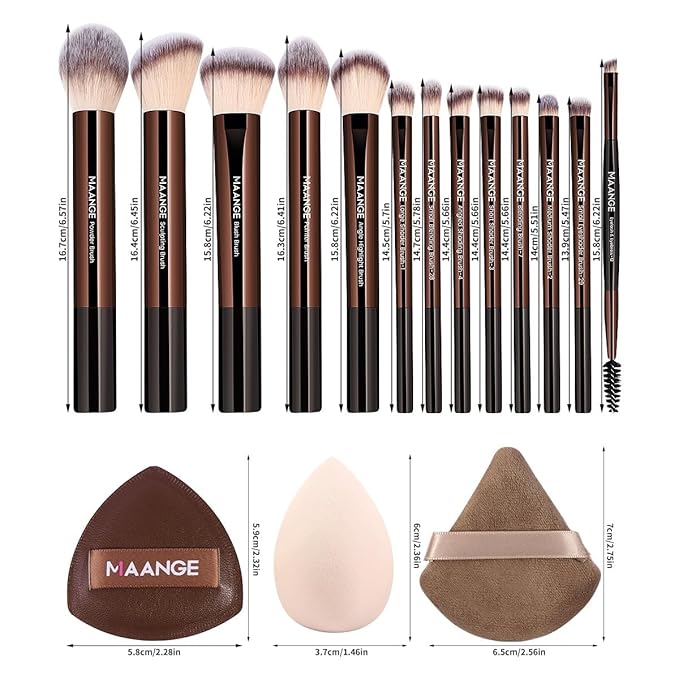 MAANGE 16PCS Makeup Brush Set Travel Makeup Brushes for Liquid Powder Contour Concealer Cream Cosmetics Blending Eyeshadow Eyeliner (Coffee)