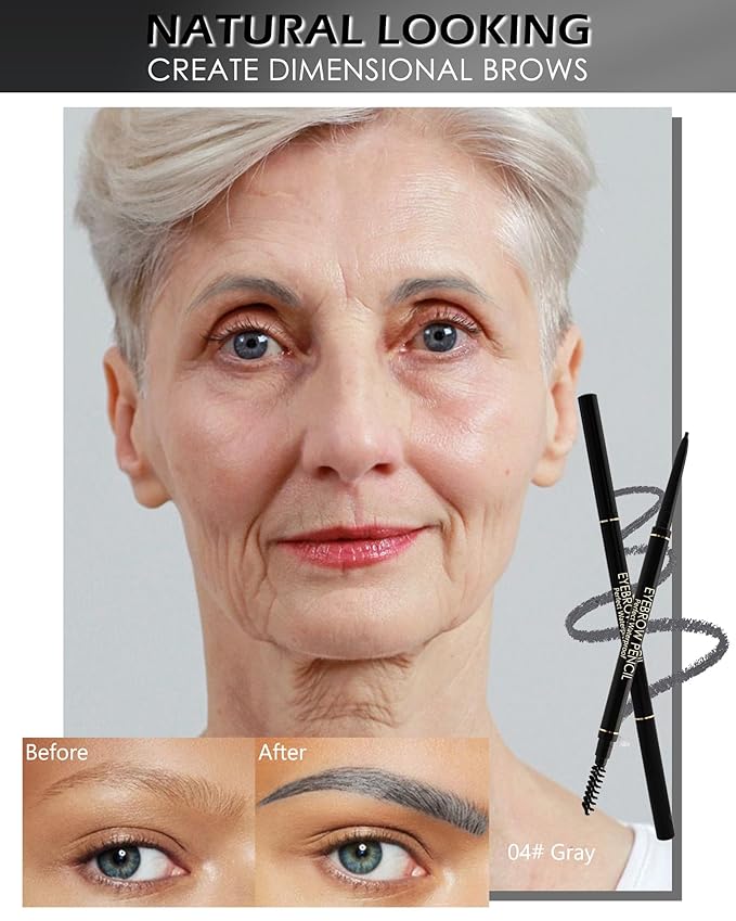 Gray Eye Brow Pencils for Women, 6Pcs Waterproof Eyebrow Pencil Set, Ultra Fine Tip for Perfect Eye Liner Brows, Long Lasting Makeup Professional Shaping & Filling Brow Gel Pen with Eyebrow Razor-04