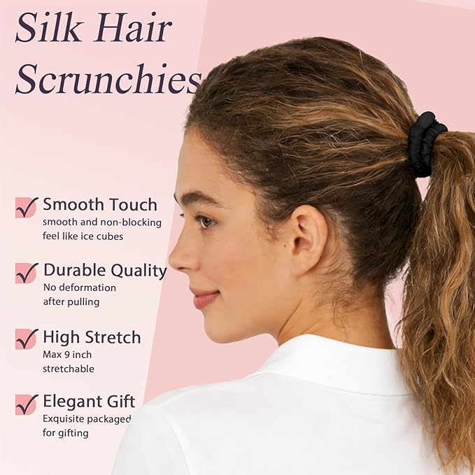 Silk Satin Hair Scrunchies for Women, 8 Pack Black - No Crease, Frizz Control & Hair Breakage Reduction, Gentle Soft Hair Ties for All Hair Types, Elastic Hair Accessories for Daily Wear & Gift