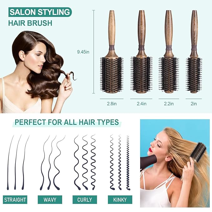 Round Brush for Blow Drying, LORSEX Boar Bristle Hair brush for Women Men, Round Hairbrush for Add Shine/Volume, Minimize Damage (2.4Inch)