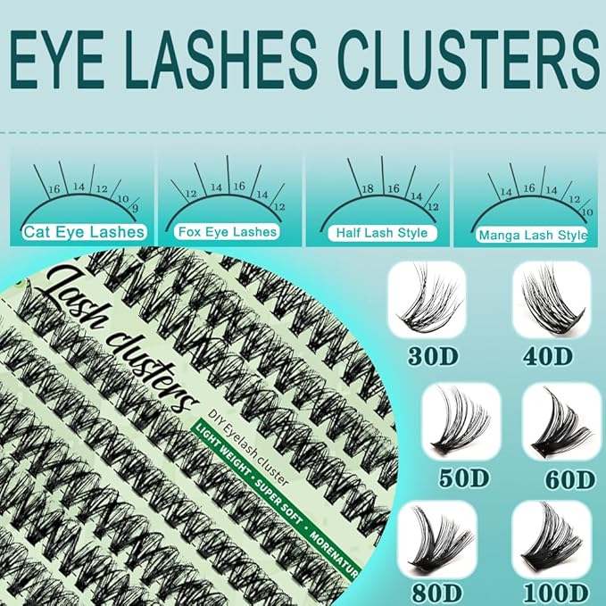 Wispy Lash Clusters 640pcs Eyelash Cluster Extensions 50D+60D Curl Individual False Eyelashes 9-16mm Natural Fluffy Mink Lash Clusters Extension Kit