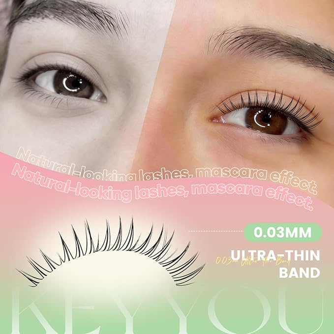 KEYYOU Aurora Lash Clusters Invisible Band C Curl Natural Soft Waterproof Only 16mm Length Lash Extension Easy to Apply at Home Cosmetic Makeup Natural False Eyelashes