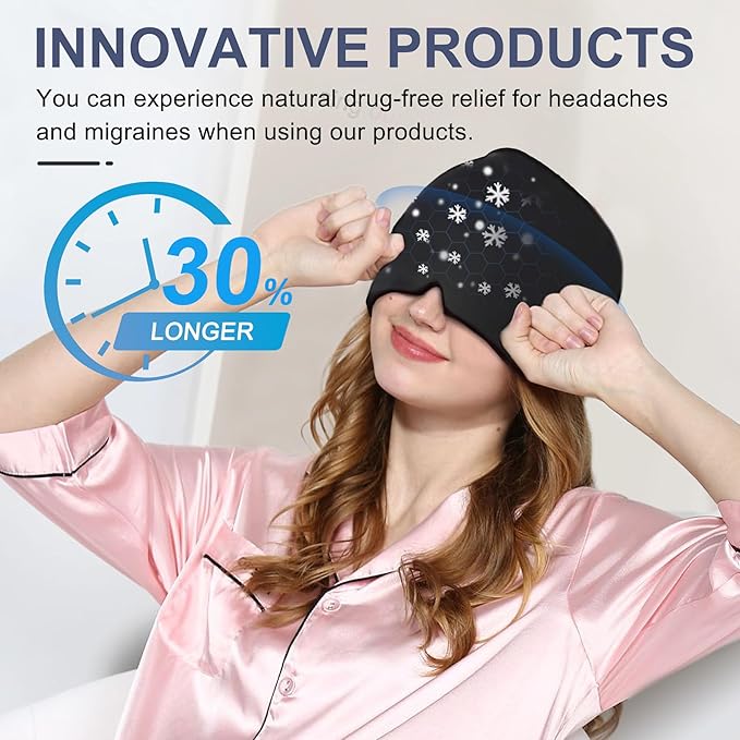 Migraine Relief Gel Ice Head Wrap, Hot and Cold Therapy Headache Relief Hat, Migraine Cap for Puffy Eyes, Headache Eyes Mask for Sinus, Tension and Stress Relief (Black & Black)