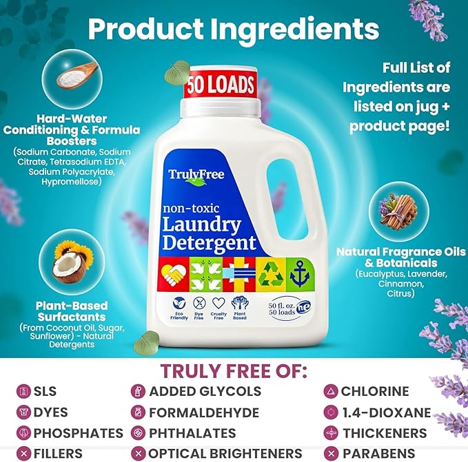 Truly Free Natural Laundry Detergent for Sensitive Skin | Eco Friendly, Plant Based, Baby Clothes Safe | Clean & Easy Powder to Liquid, 5 Pack Detergent + 1 Refillable Jug | Signature Scent 250 Loads