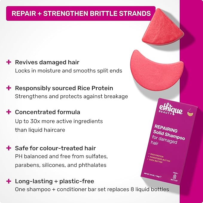 Ethique Repairing Shampoo Bar for dry, damaged hair with Rice Protein - Plastic-Free, Vegan, Cruelty-Free, 3.88 oz - Formerly Sorbet