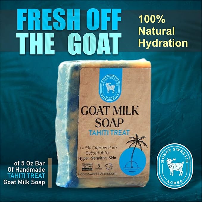 Honey Sweetie Acres Tahiti Treat Goat Milk Soap - Handmade 5 oz Bar, Made with Natural Ingredients, Moisturizing & Gentle, Made in the USA